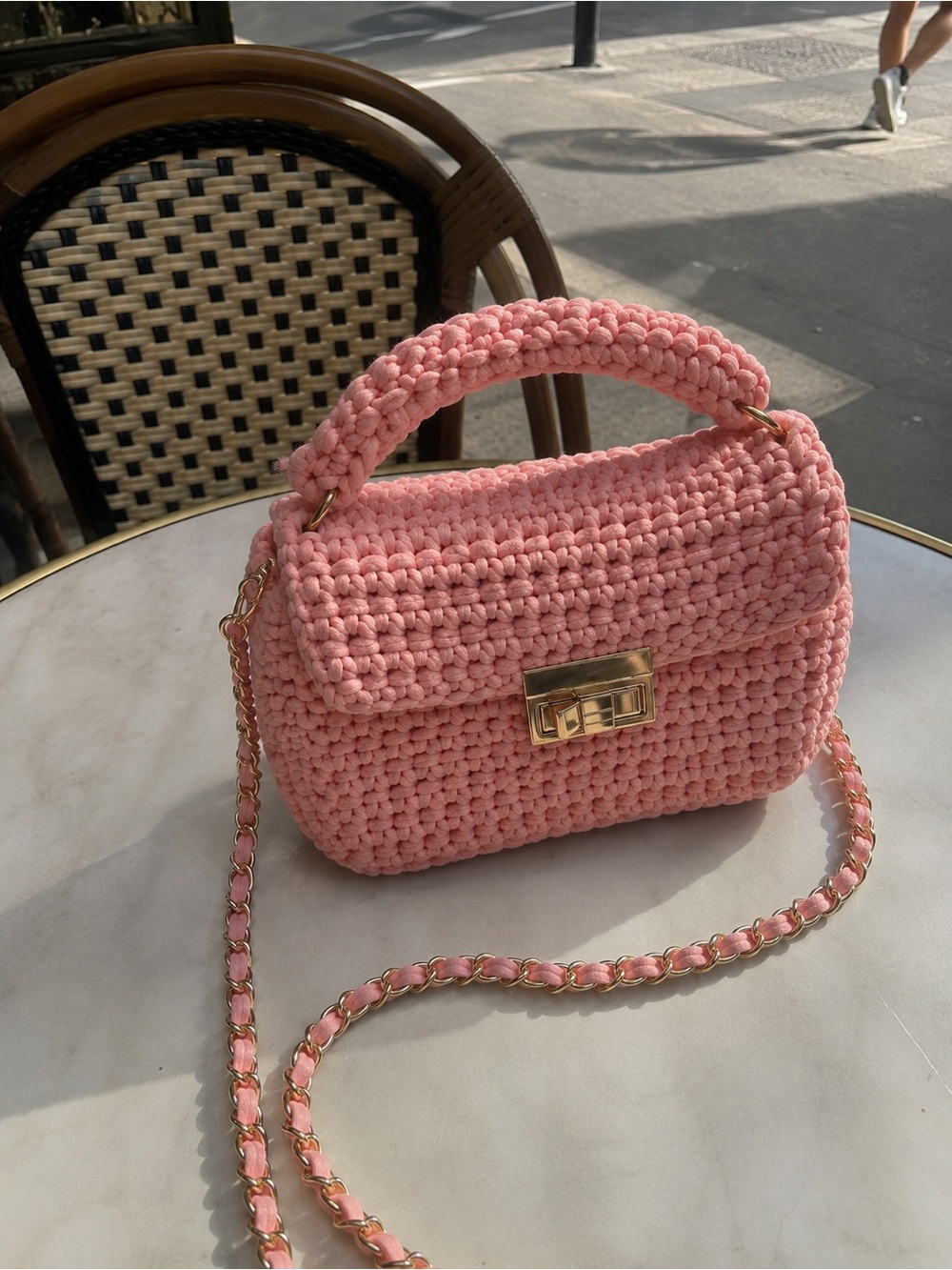 Pink Crochet Top-Handle Crossbody Bag
